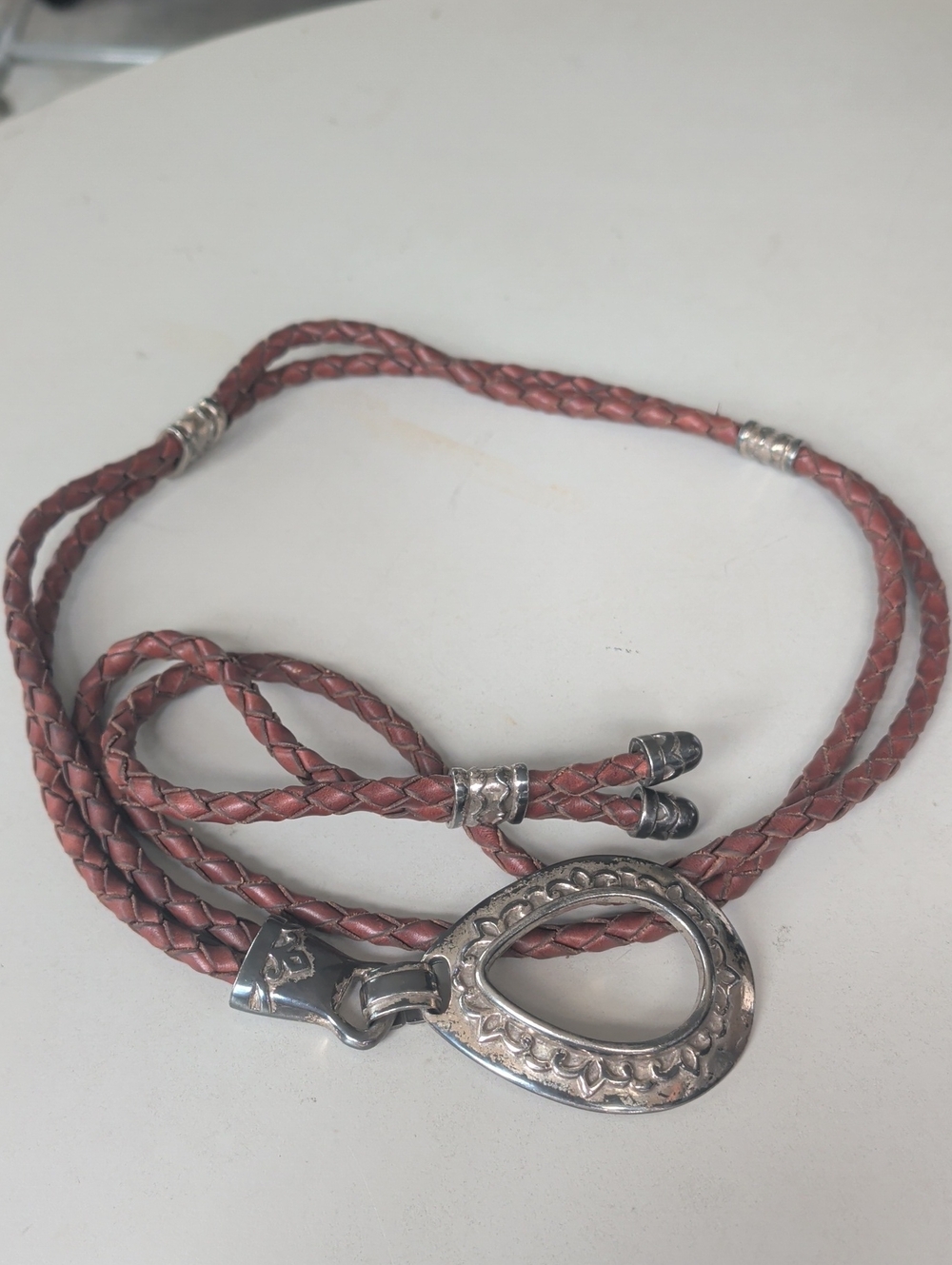 Brown Braided Leather Belt Women SilverTone Buckle Cowgirl Hippie Boho L 43"